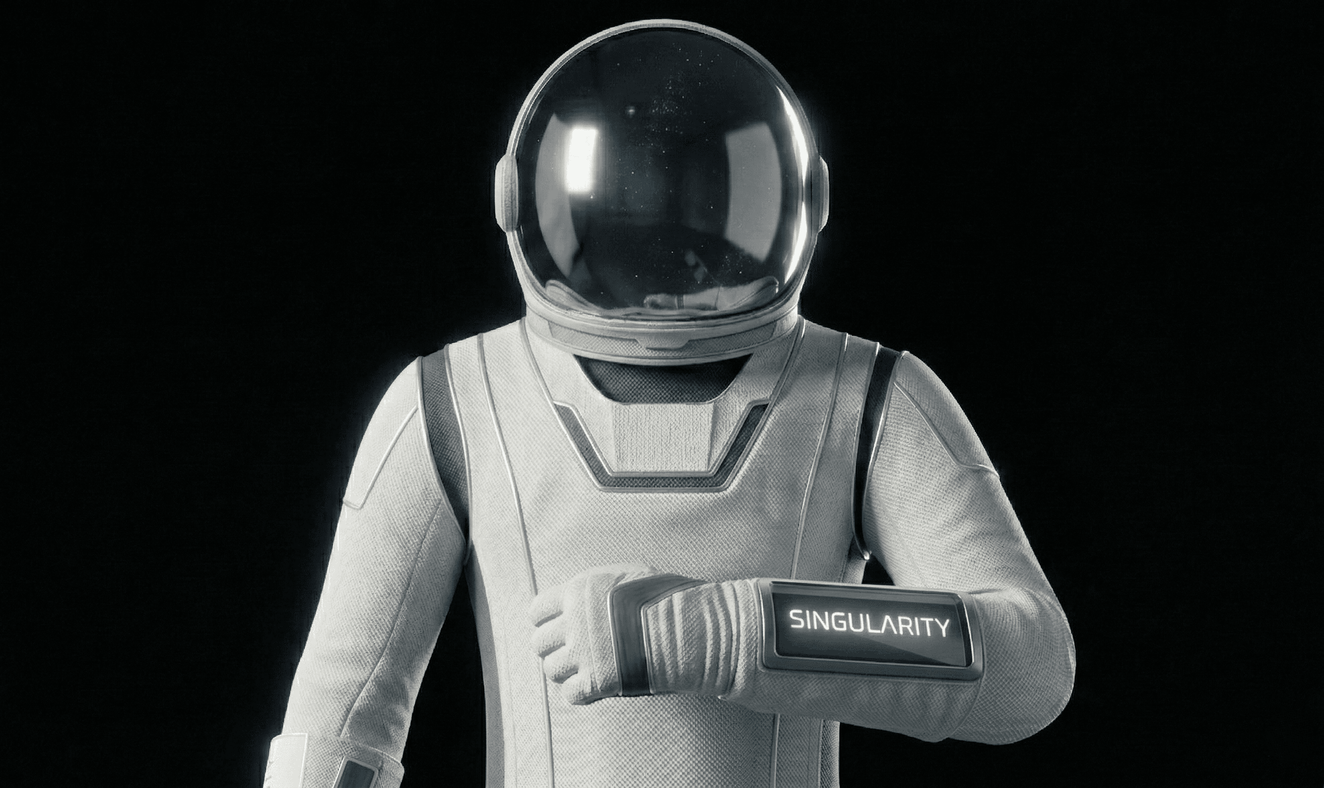Astronaut in a white spacesuit with a Singularity arm display