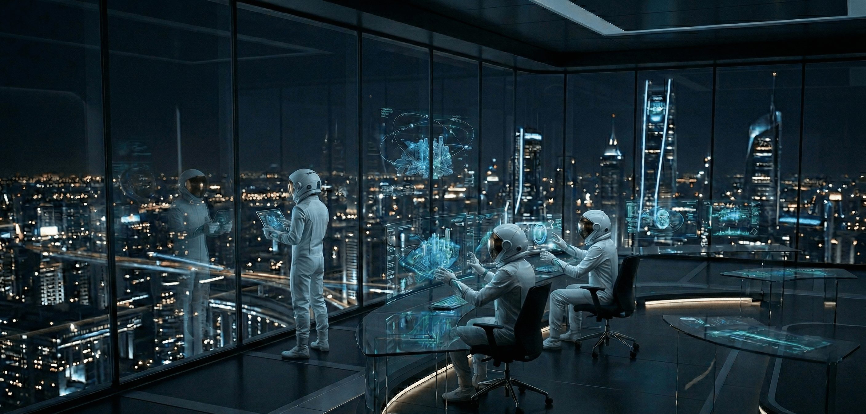 Futuristic command center overlooking a city at night